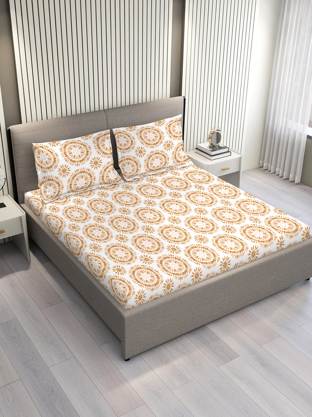 Home Easy 100% Cotton 144 TC White Beige Ethnic Double Size Bedsheet with 2 Pillow Covers