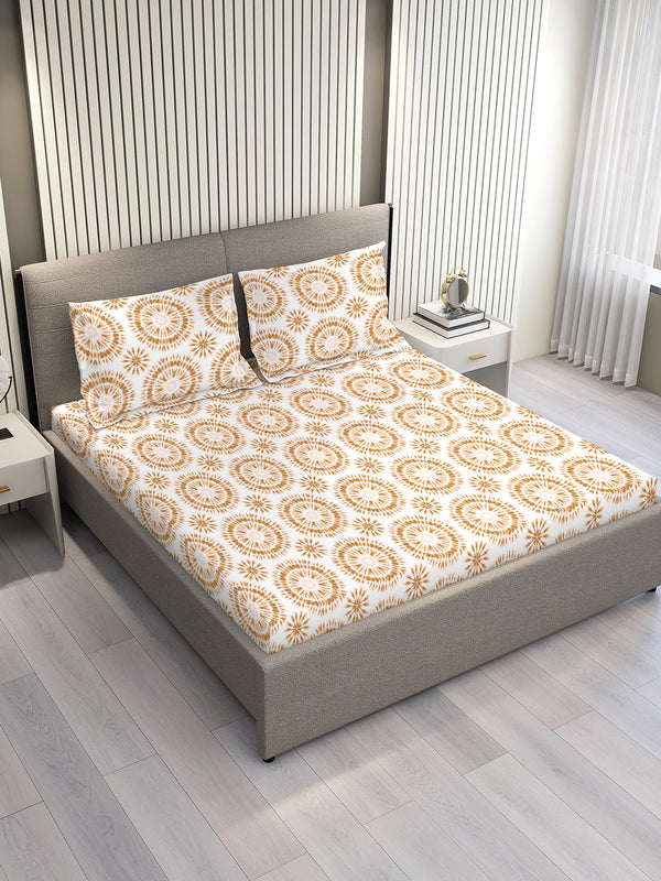 Home Easy 100% Cotton 144 TC White Beige Ethnic 1 Double Size Bedsheet with 2 Pillow Covers