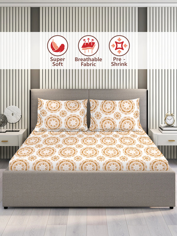 Home Easy 100% Cotton 144 TC White Beige Ethnic 1 Double Size Bedsheet with 2 Pillow Covers
