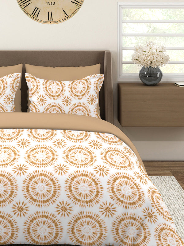Home Easy 100% Cotton 144 TC White Beige Ethnic 1 Double Size Bedsheet with 2 Pillow Covers