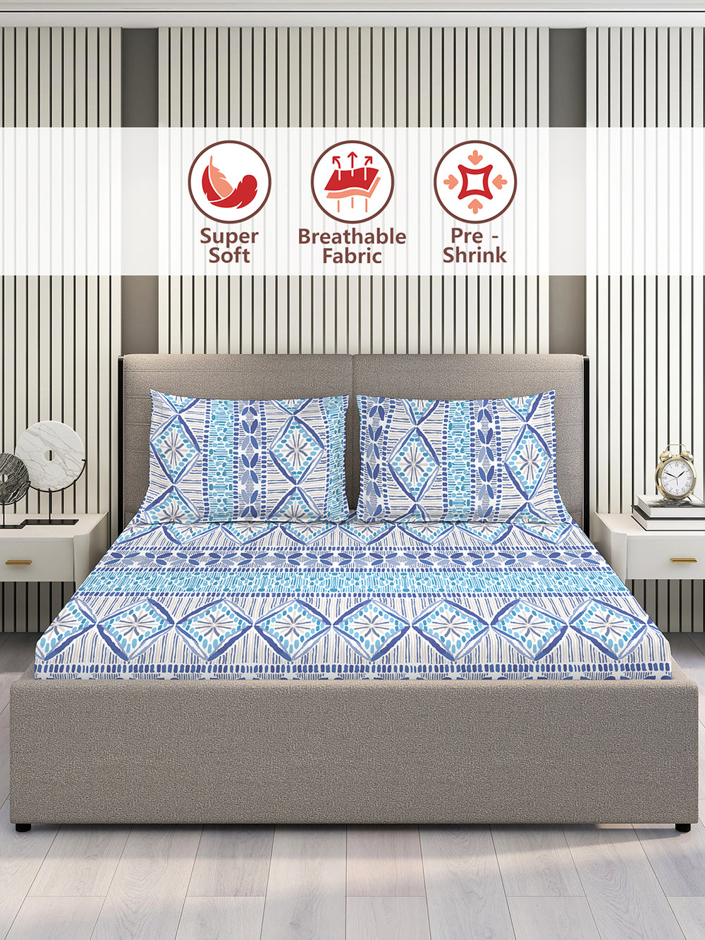 Home Easy 100% Cotton 144 TC Blue Ethnic Double Size Bedsheet with 2 Pillow Covers