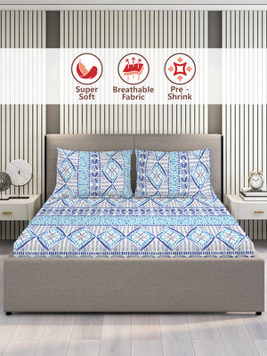 Home Easy 100% Cotton 144 TC Blue Ethnic 1 Double Size Bedsheet with 2 Pillow Covers