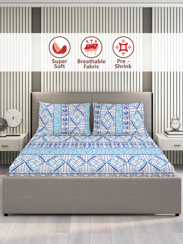 Home Easy 100% Cotton 144 TC Blue Ethnic 1 Double Size Bedsheet with 2 Pillow Covers