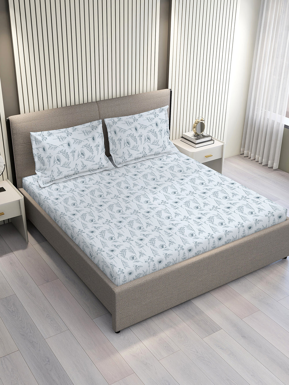 Home Easy 100% Cotton 144 TC Blue Floral Double Size Bedsheet with 2 Pillow Covers