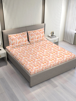 Home Easy 100% Cotton 144 TC Orange Floral Double Size Bedsheet with 2 Pillow Covers