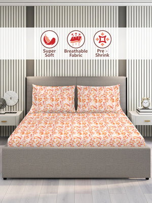 Home Easy 100% Cotton 144 TC Orange Floral Double Size Bedsheet with 2 Pillow Covers