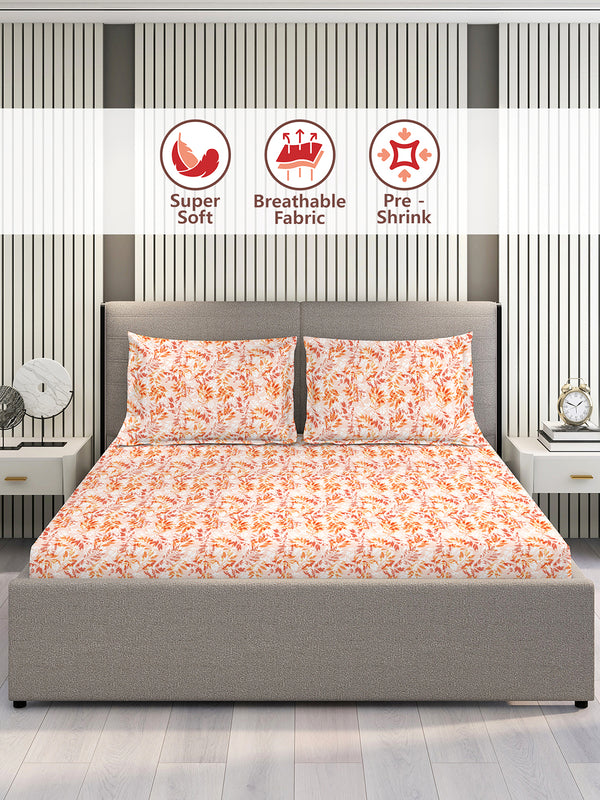 Home Easy 100% Cotton 144 TC Orange Floral Double Size Bedsheet with 2 Pillow Covers