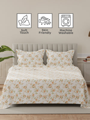 Lumina Floret 100% Cotton 144 TC Orange & White Floral King Bedsheet with 2 Pillow Covers