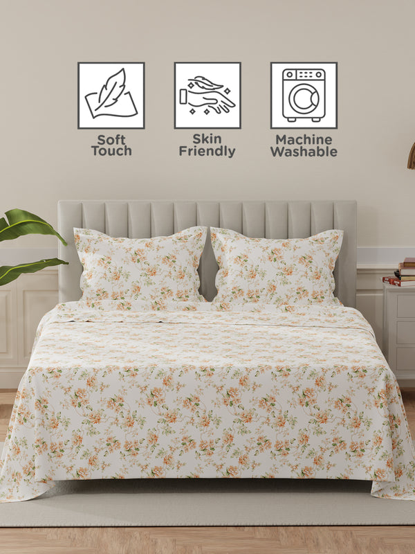 Lumina Floret 100% Cotton 144 TC Orange & White Floral King Bedsheet with 2 Pillow Covers