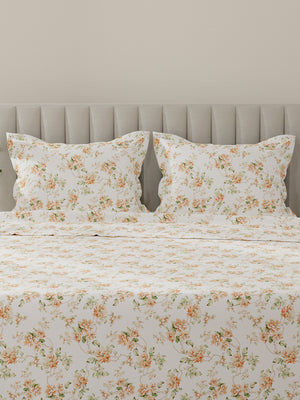 Lumina Floret 100% Cotton 144 TC Orange & White Floral King Bedsheet with 2 Pillow Covers