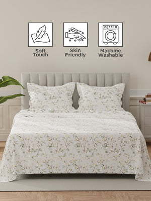 Lumina Floret 100% Cotton 144 TC Green & White Floral King Bedsheet with 2 Pillow Covers