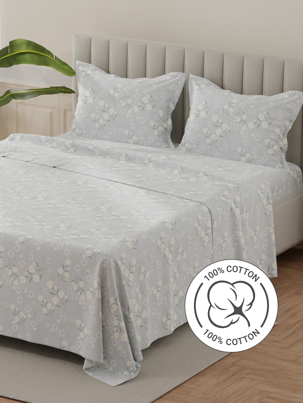Lumina Floret 100% Cotton 144 TC Grey Floral King Bedsheet with 2 Pillow Covers