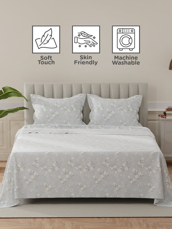 Lumina Floret 100% Cotton 144 TC Grey Floral King Bedsheet with 2 Pillow Covers