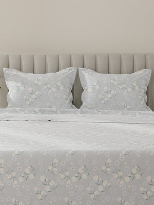 Lumina Floret 100% Cotton 144 TC Grey Floral King Bedsheet with 2 Pillow Covers