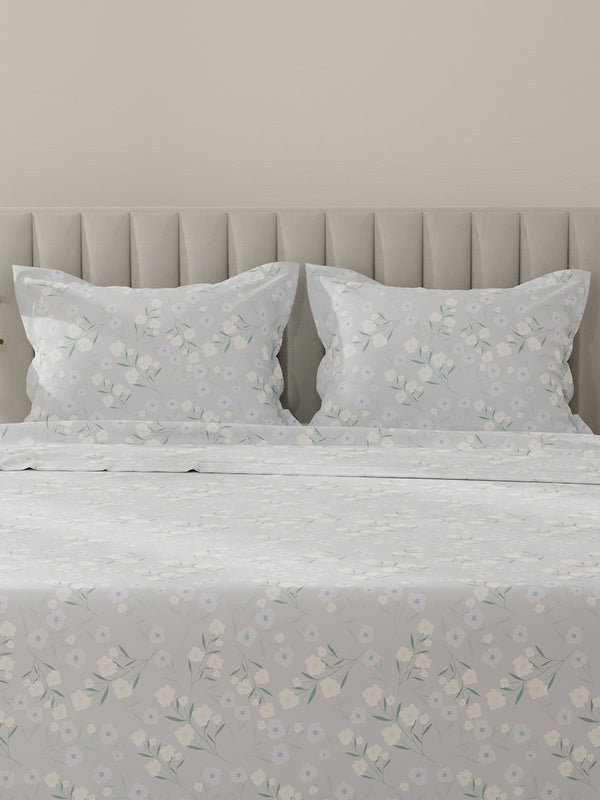 Lumina Floret 100% Cotton 144 TC Grey Floral King Bedsheet with 2 Pillow Covers