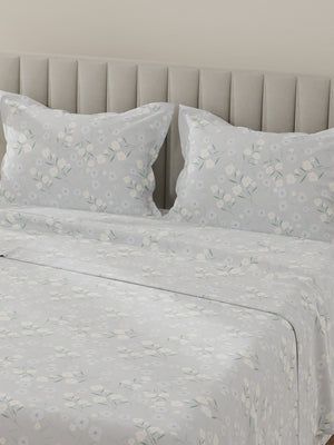 Lumina Floret 100% Cotton 144 TC Grey Floral King Bedsheet with 2 Pillow Covers