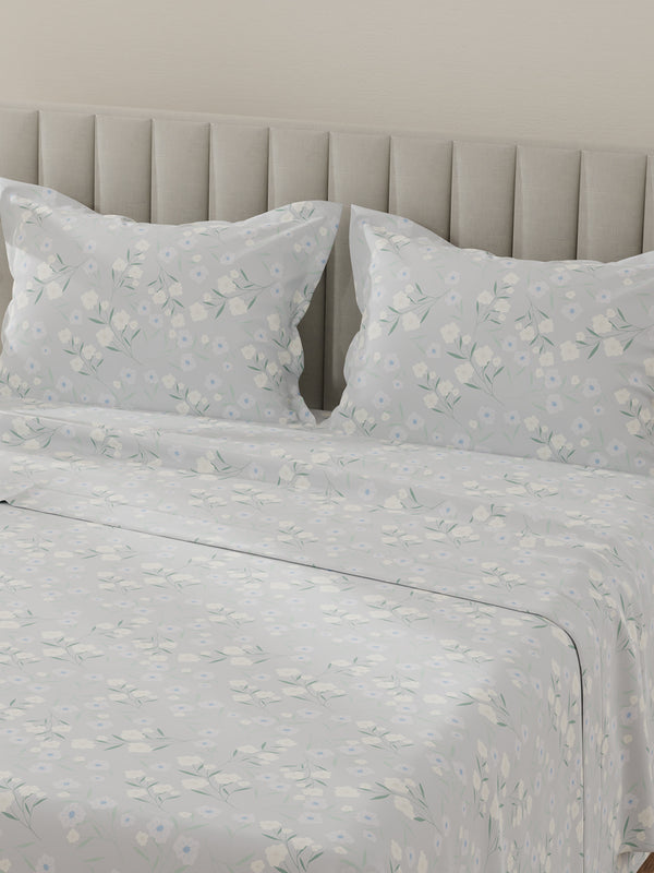 Lumina Floret 100% Cotton 144 TC Grey Floral King Bedsheet with 2 Pillow Covers