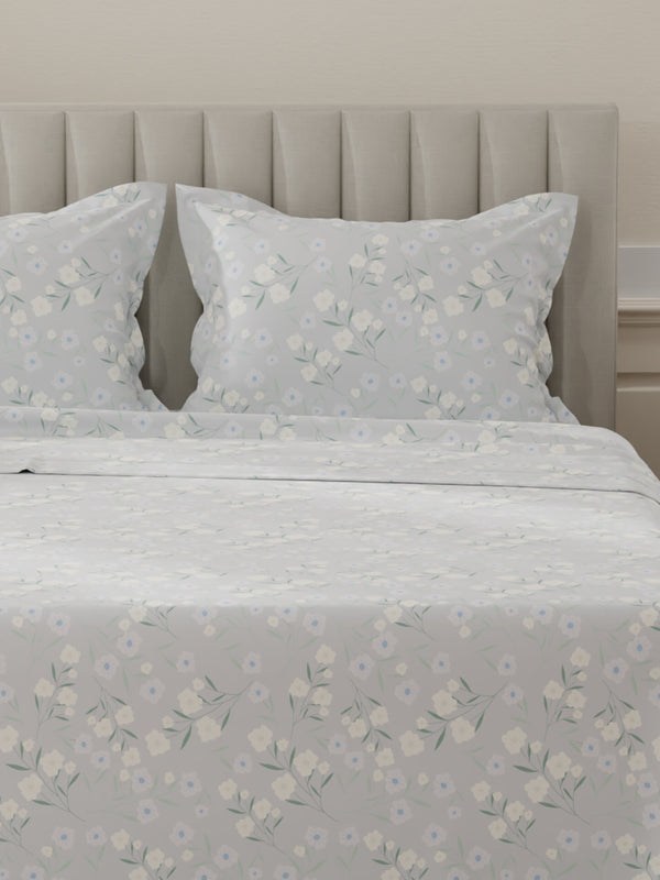 Lumina Floret 100% Cotton 144 TC Grey Floral King Bedsheet with 2 Pillow Covers
