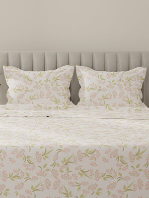Lumina Floret 100% Cotton 144 TC White, Green, Red Floral King Bedsheet with 2 Pillow Covers