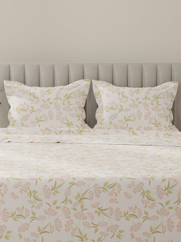 Lumina Floret 100% Cotton 144 TC White, Green, Red Floral King Bedsheet with 2 Pillow Covers