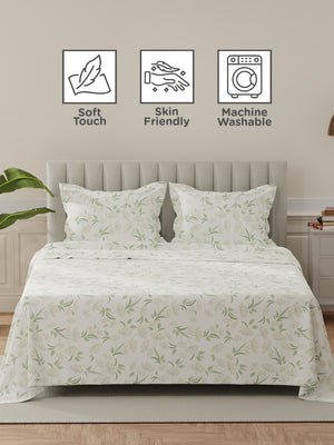 Lumina Floret 100% Cotton 144 TC Green & White Floral King Bedsheet with 2 Pillow Covers