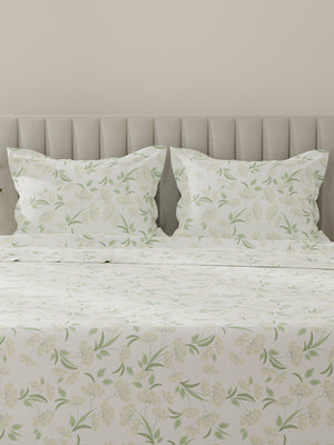 Lumina Floret 100% Cotton 144 TC Green & White Floral King Bedsheet with 2 Pillow Covers