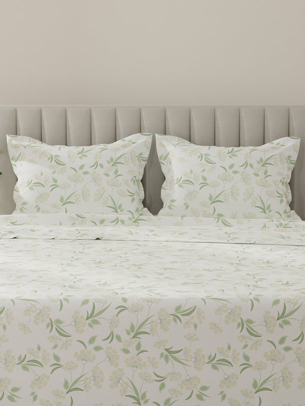 Lumina Floret 100% Cotton 144 TC Green & White Floral King Bedsheet with 2 Pillow Covers