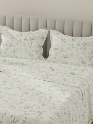 Lumina Floret 100% Cotton 144 TC Green & White Floral King Bedsheet with 2 Pillow Covers