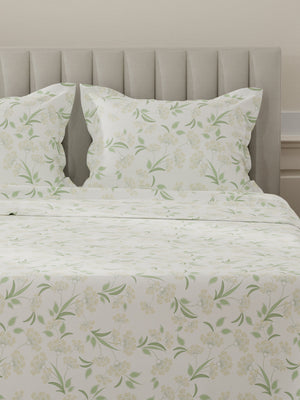 Lumina Floret 100% Cotton 144 TC Green & White Floral King Bedsheet with 2 Pillow Covers