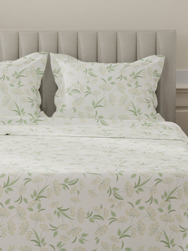 Lumina Floret 100% Cotton 144 TC Green & White Floral King Bedsheet with 2 Pillow Covers