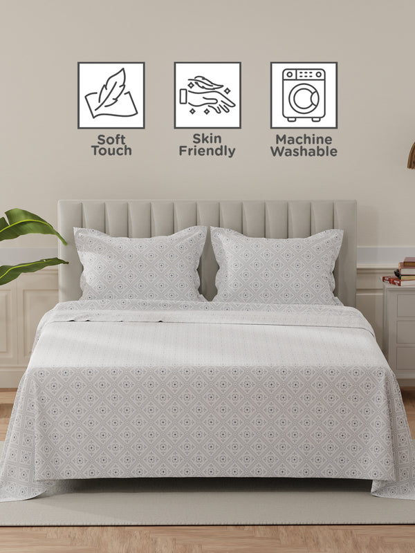 Lumina Floret 100% Cotton 144 TC Grey & White Ethnic Print King Bedsheet with 2 Pillow Covers