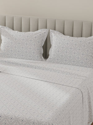 Lumina Floret 100% Cotton 144 TC Grey & White Ethnic Print King Bedsheet with 2 Pillow Covers