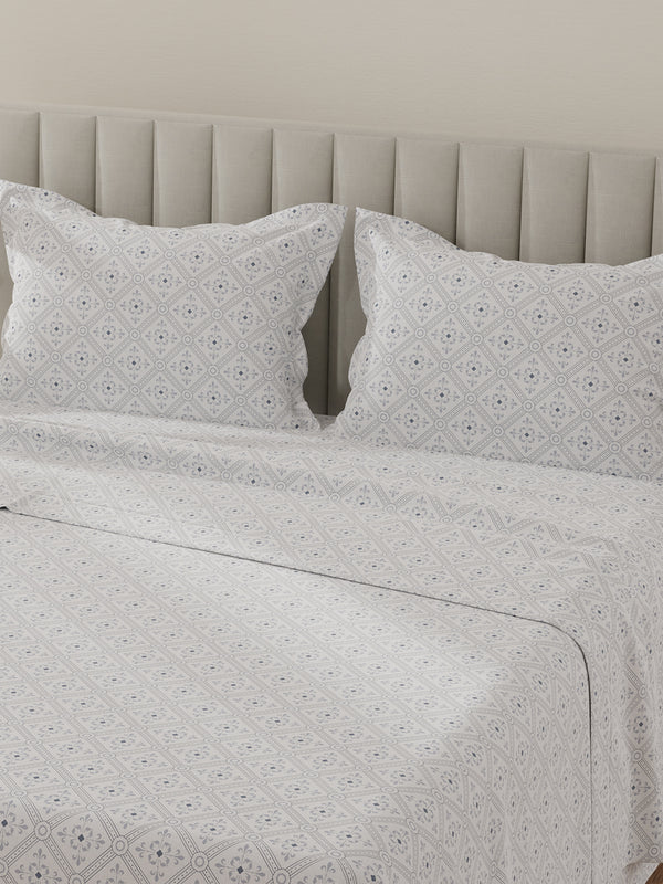 Lumina Floret 100% Cotton 144 TC Grey & White Ethnic Print King Bedsheet with 2 Pillow Covers