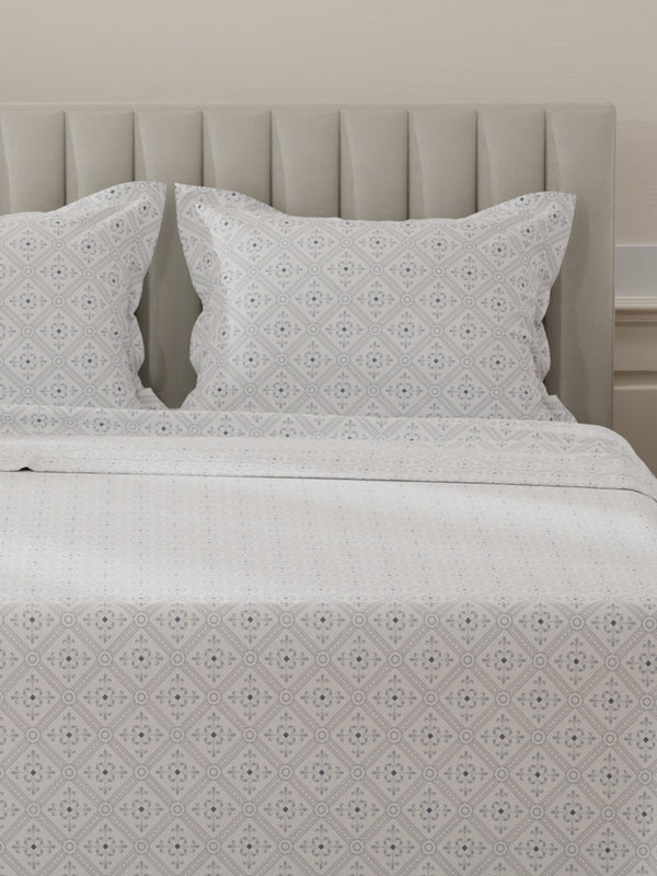 Lumina Floret 100% Cotton 144 TC Grey & White Ethnic Print King Bedsheet with 2 Pillow Covers