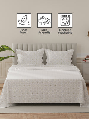 Lumina Floret 100% Cotton 144 TC Beige & White Ethnic Print King Bedsheet with 2 Pillow Covers