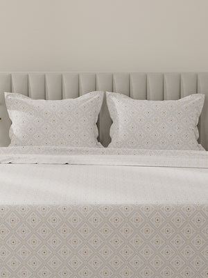 Lumina Floret 100% Cotton 144 TC Beige & White Ethnic Print King Bedsheet with 2 Pillow Covers