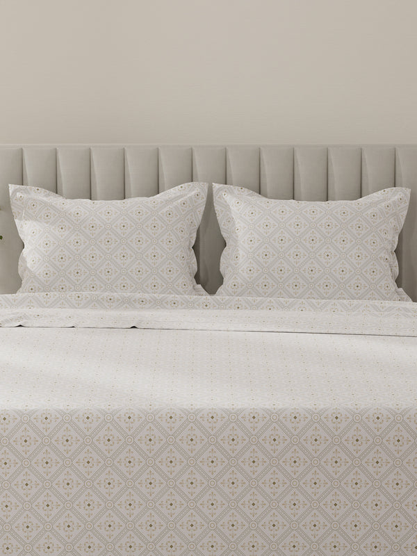 Lumina Floret 100% Cotton 144 TC Beige & White Ethnic Print King Bedsheet with 2 Pillow Covers