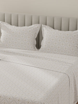 Lumina Floret 100% Cotton 144 TC Beige & White Ethnic Print King Bedsheet with 2 Pillow Covers