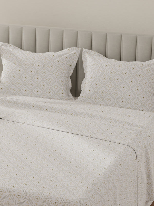 Lumina Floret 100% Cotton 144 TC Beige & White Ethnic Print King Bedsheet with 2 Pillow Covers