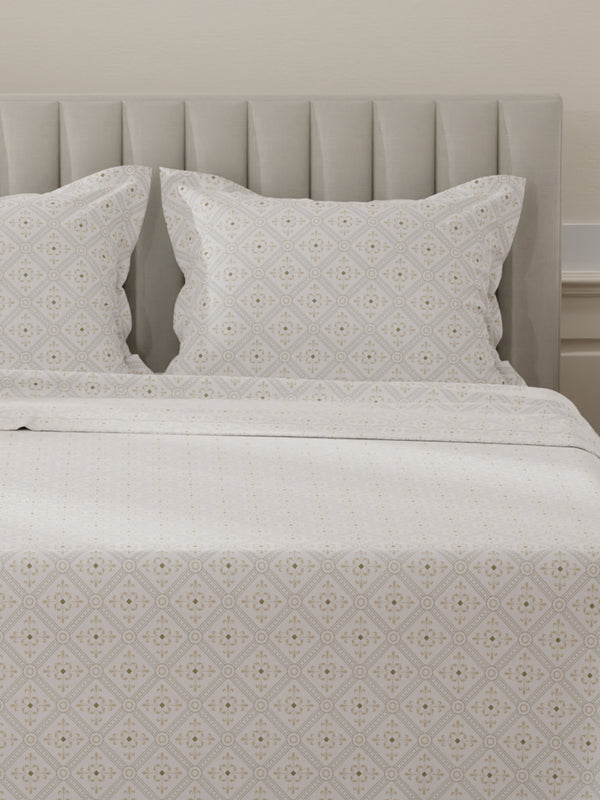 Lumina Floret 100% Cotton 144 TC Beige & White Ethnic Print King Bedsheet with 2 Pillow Covers