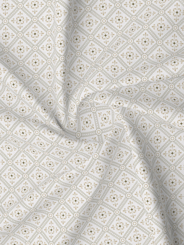 Lumina Floret 100% Cotton 144 TC Beige & White Ethnic Print King Bedsheet with 2 Pillow Covers