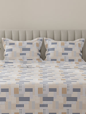 Lumina Floret 100% Cotton 144 TC Navy Blue & Brown Geometrical Print King Bedsheet with 2 Pillow Covers