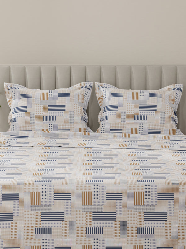 Lumina Floret 100% Cotton 144 TC Navy Blue & Brown Geometrical Print King Bedsheet with 2 Pillow Covers