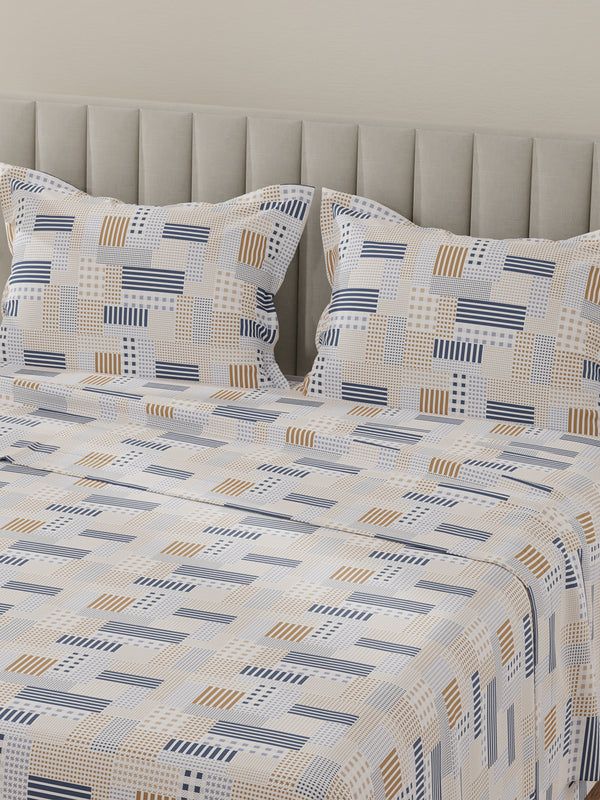 Lumina Floret 100% Cotton 144 TC Navy Blue & Brown Geometrical Print King Bedsheet with 2 Pillow Covers