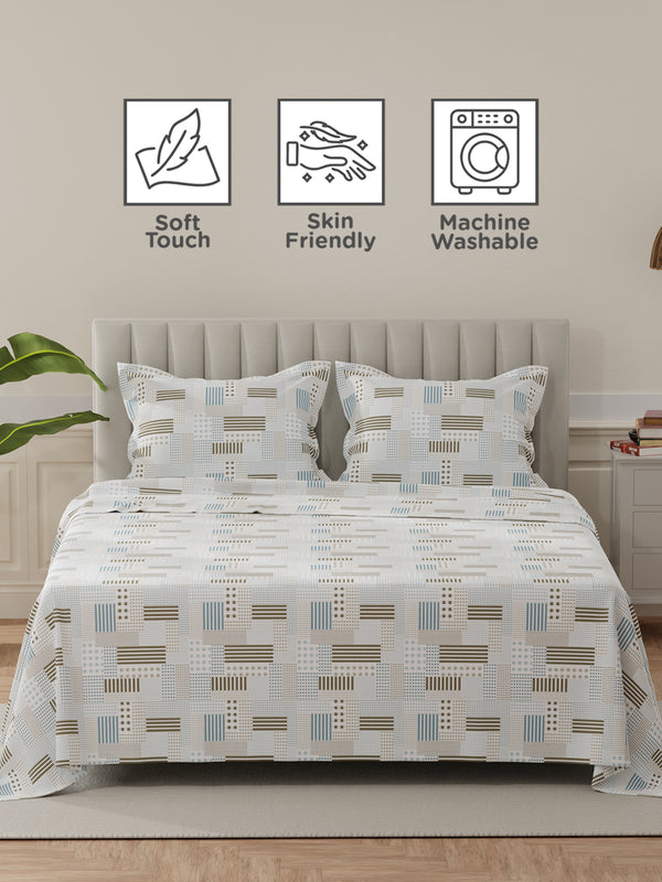 Lumina Floret 100% Cotton 144 TC Blue & Green Geometrical Print King Bedsheet with 2 Pillow Covers