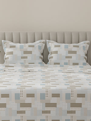 Lumina Floret 100% Cotton 144 TC Blue & Green Geometrical Print King Bedsheet with 2 Pillow Covers