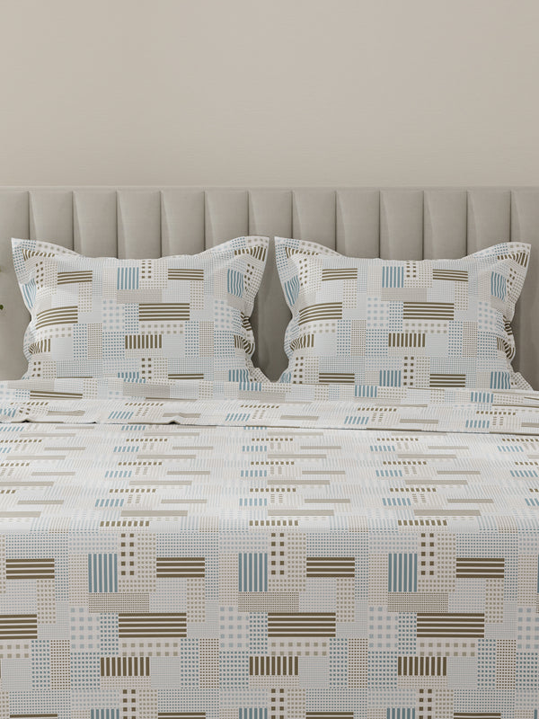 Lumina Floret 100% Cotton 144 TC Blue & Green Geometrical Print King Bedsheet with 2 Pillow Covers