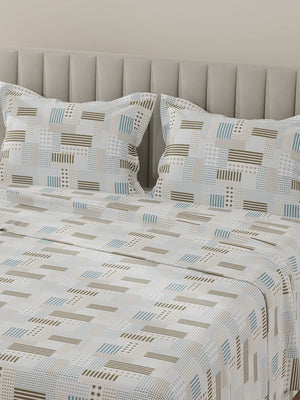 Lumina Floret 100% Cotton 144 TC Blue & Green Geometrical Print King Bedsheet with 2 Pillow Covers