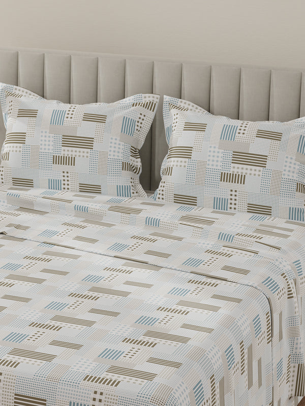 Lumina Floret 100% Cotton 144 TC Blue & Green Geometrical Print King Bedsheet with 2 Pillow Covers