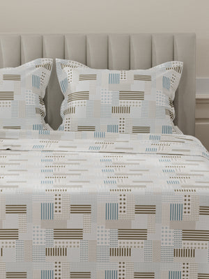 Lumina Floret 100% Cotton 144 TC Blue & Green Geometrical Print King Bedsheet with 2 Pillow Covers